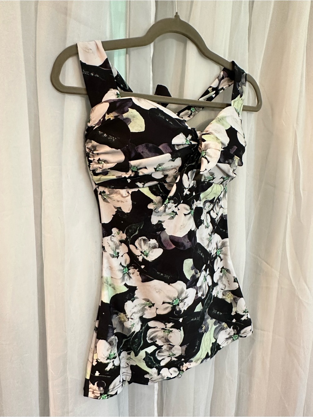 Unique Vintage One piece Swimsuit with Black Floral Twist-Front Sleeveless.
